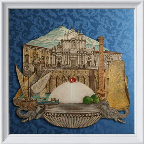 Catania e la sua tradizione Michele Pio Barbagallo Acrilici su tavola con applicazione su stoffa cm 60x60 2017