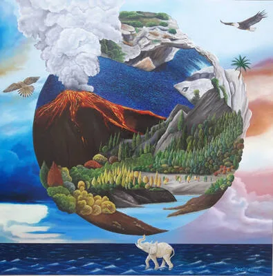 Viaggio fra terra, mare e fuoco Mikhail Albano Olio su tavola 100x100 cm 2019