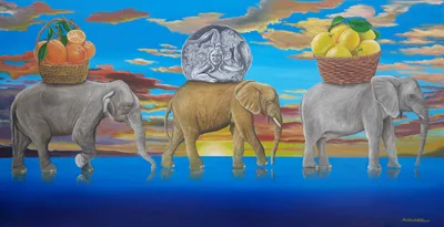 Tre re leggeri sul mare Mikhail Albano Olio su tavola 74,9x144,2 cm 2019